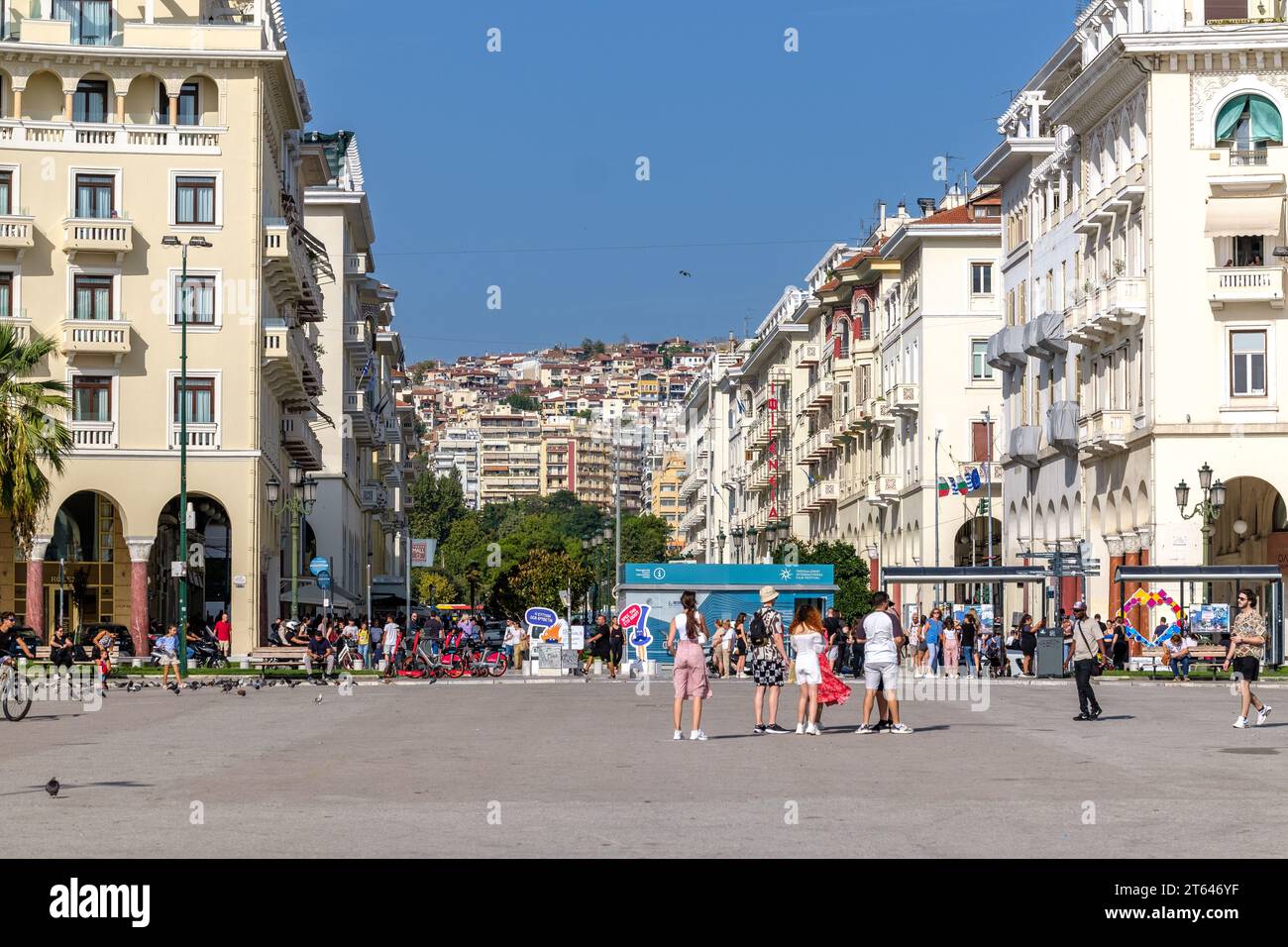 Thessaloniki, Greece - September 22, 2023 : Panoramic view of the popular main city square of Thessaloniki Greece, the Aristotelous Square Stock Photo