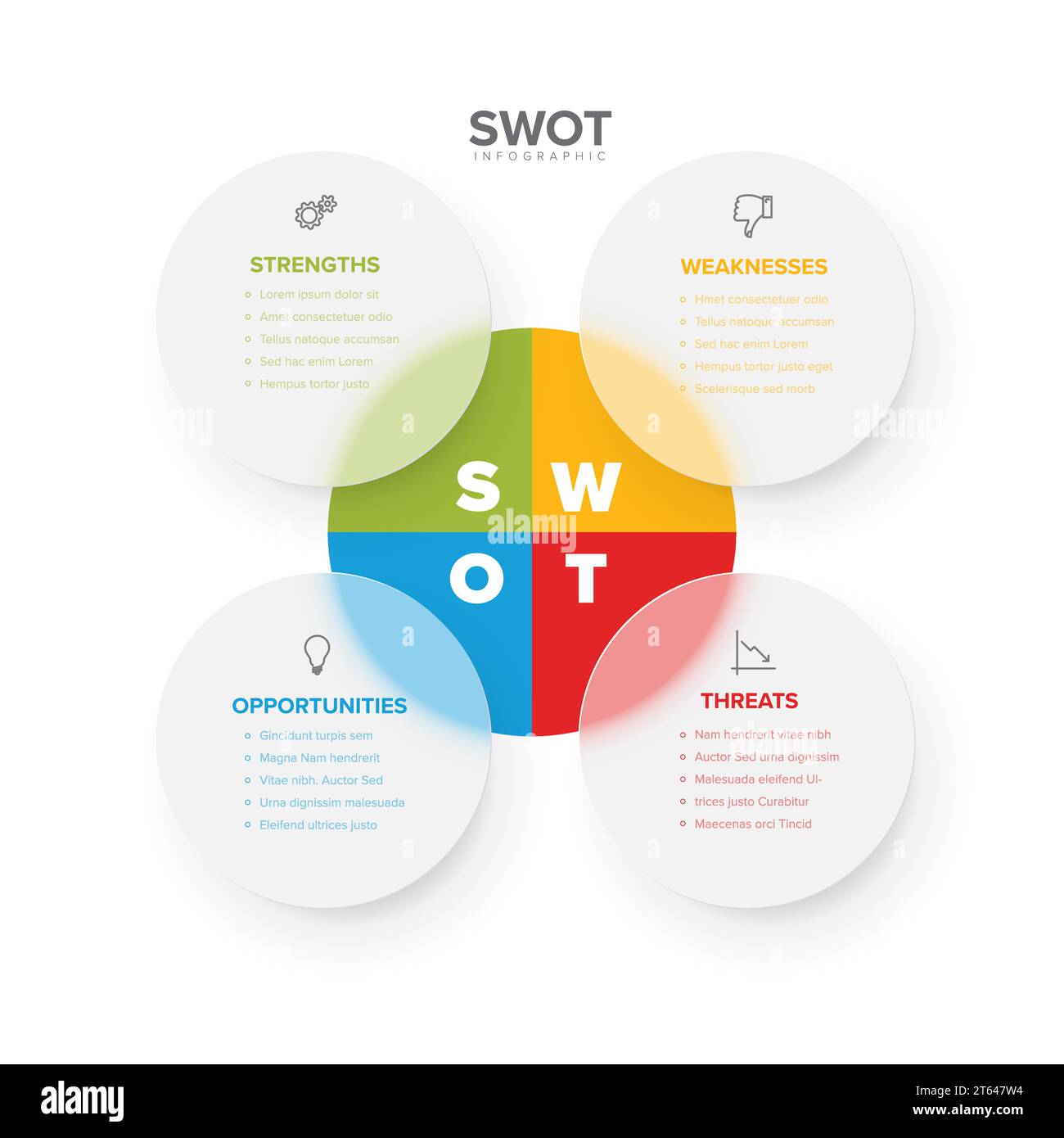 Vector SWOT (strengths, weaknesses, opportunities, threats) diagram schema template made from four colorful  semi transparent circles. Swot minimalist Stock Vector