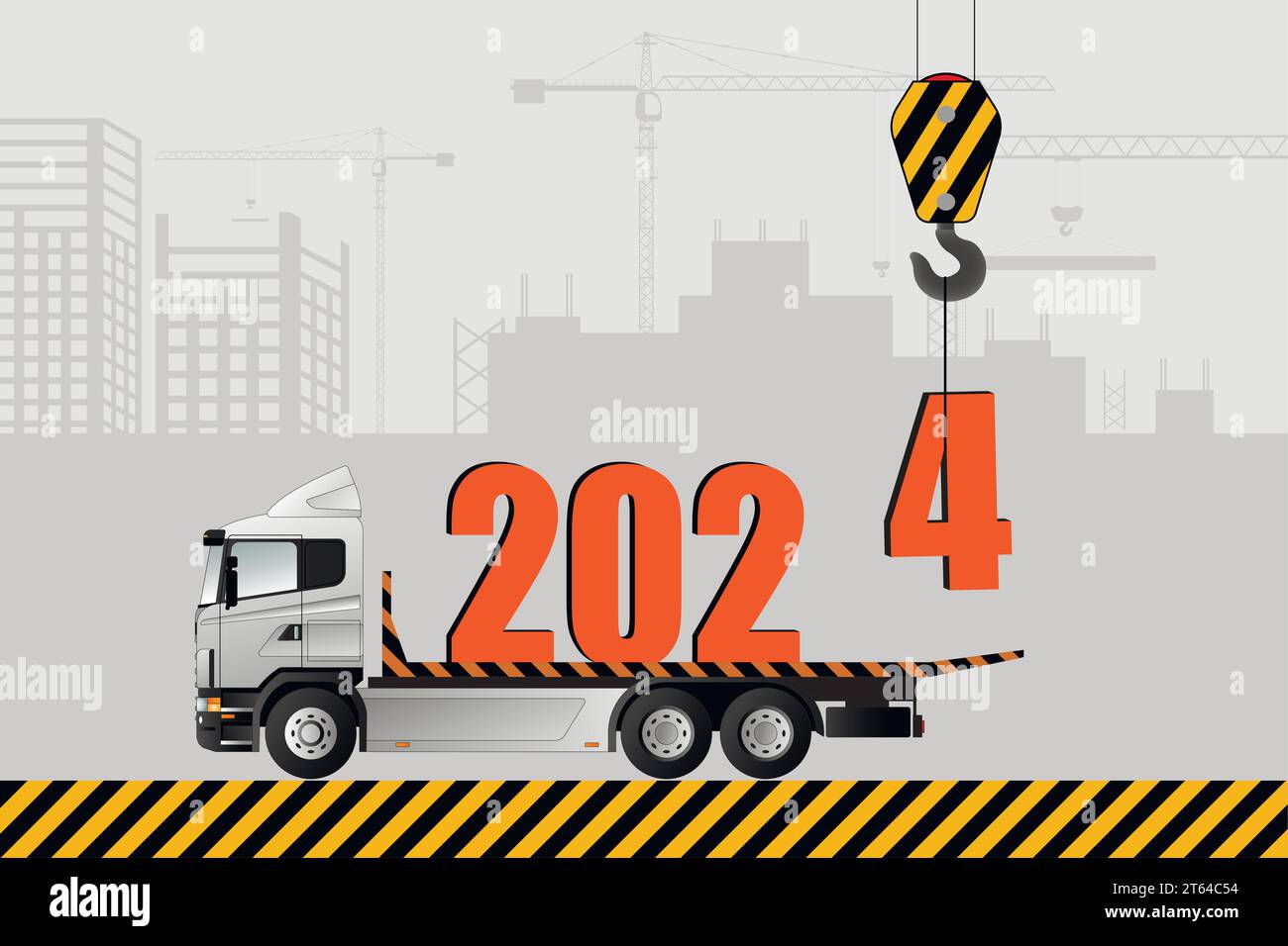 New Year's card, 2025. A crane is loading a truck with Christmas figurines Stock Vector Image