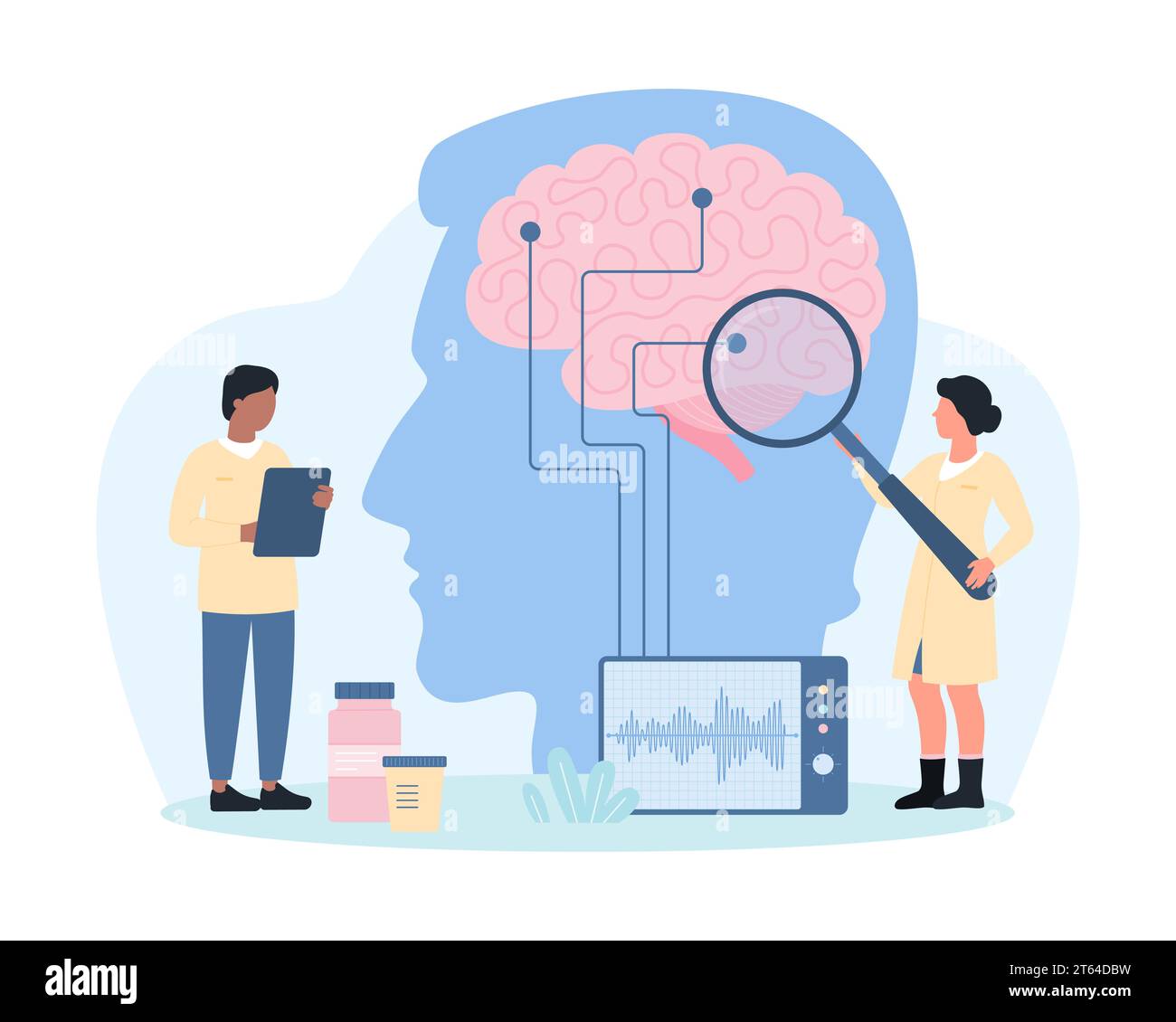 Diagnosis of brain diseases, neurology vector illustration. Cartoon tiny doctors monitoring brain waves on EEG display, neurologists research electroencephalography results with magnifying glass Stock Vector