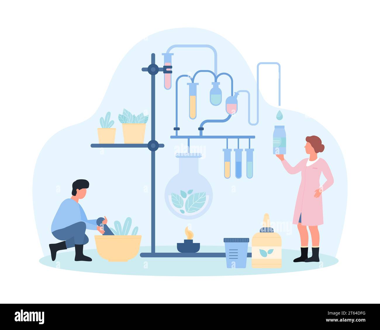 Naturopathy, alternative and complementary supplement therapy vector illustration. Cartoon tiny people use natural herbs and plants, pestle and mortar, laboratory equipment to make naturopathic remedy Stock Vector