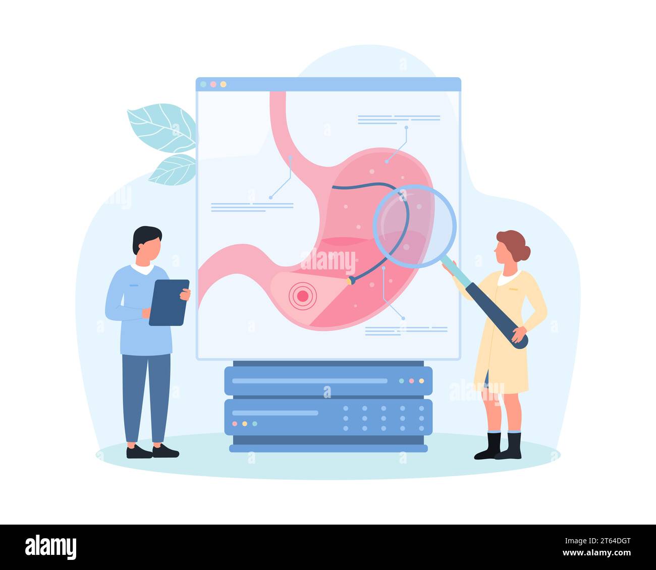 Gastroscopy, endoscopy for diagnosis of stomach diseases vector illustration. Cartoon tiny people with magnifying glass, medical endoscope with light examine upper digestive tract of patient on screen Stock Vector