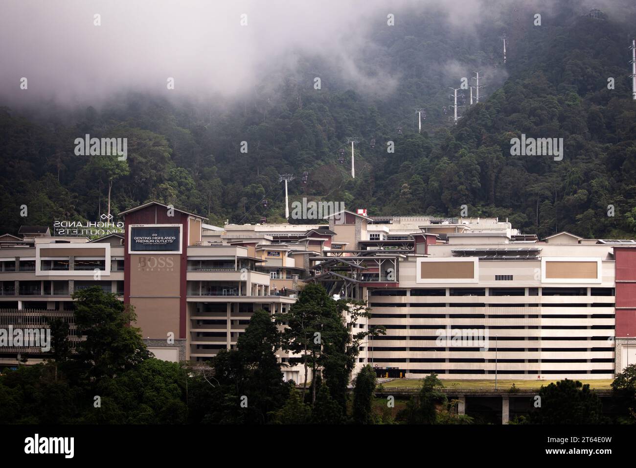 Genting Highlands, Pahang, Malaysia - Oct 31, 2023: Genting Highalnds Premium outlets with cable car system in the background. Stock Photo