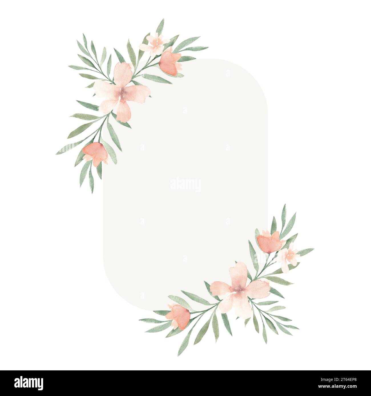 Pastel beige exotic tropical floral border in loose watercolor style. Peach color flower frame on white background, banner, wedding invitation, luau Stock Photo