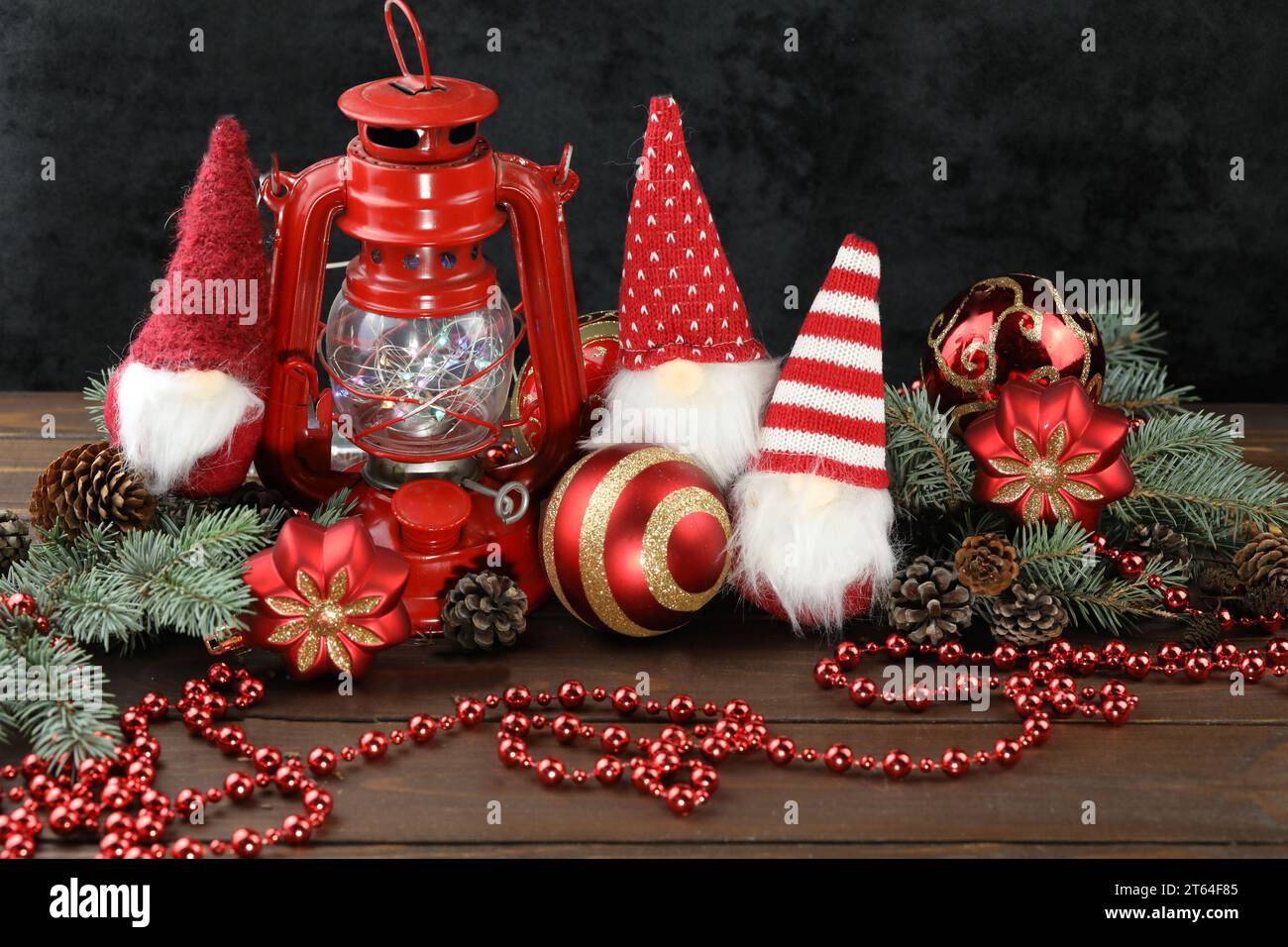 Black background with christmas decorations, dolls and copy space Stock Photo