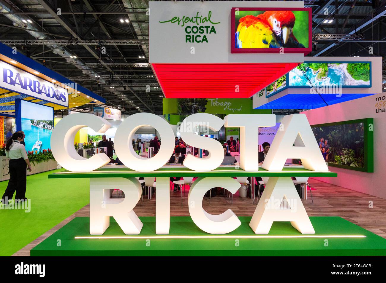 London, UK.  8 November 2023. The Costa Rica stand at World Travel Market London, a leading travel trade show being held at the Excel centre.  In the King’s Speech the previous day, the government announced a consumers’ bill which, if introduced, would ban ‘drip pricing’, the practice where businesses advertise only part of a product’s price upfront and reveal other charges later in the buying process.  The airline industry is such an example, where the charging extra for luggage, seat selection, travel insurance or food and drink vouchers is common.  Credit: Stephen Chung / Alamy Live News Stock Photo