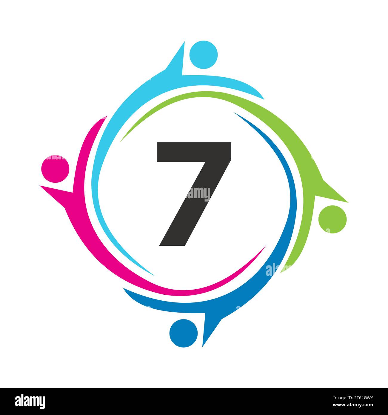 Letter 7 Teamwork Logo Unite Symbol. Charity Sign Community Health Care Union Logotype Stock Vector