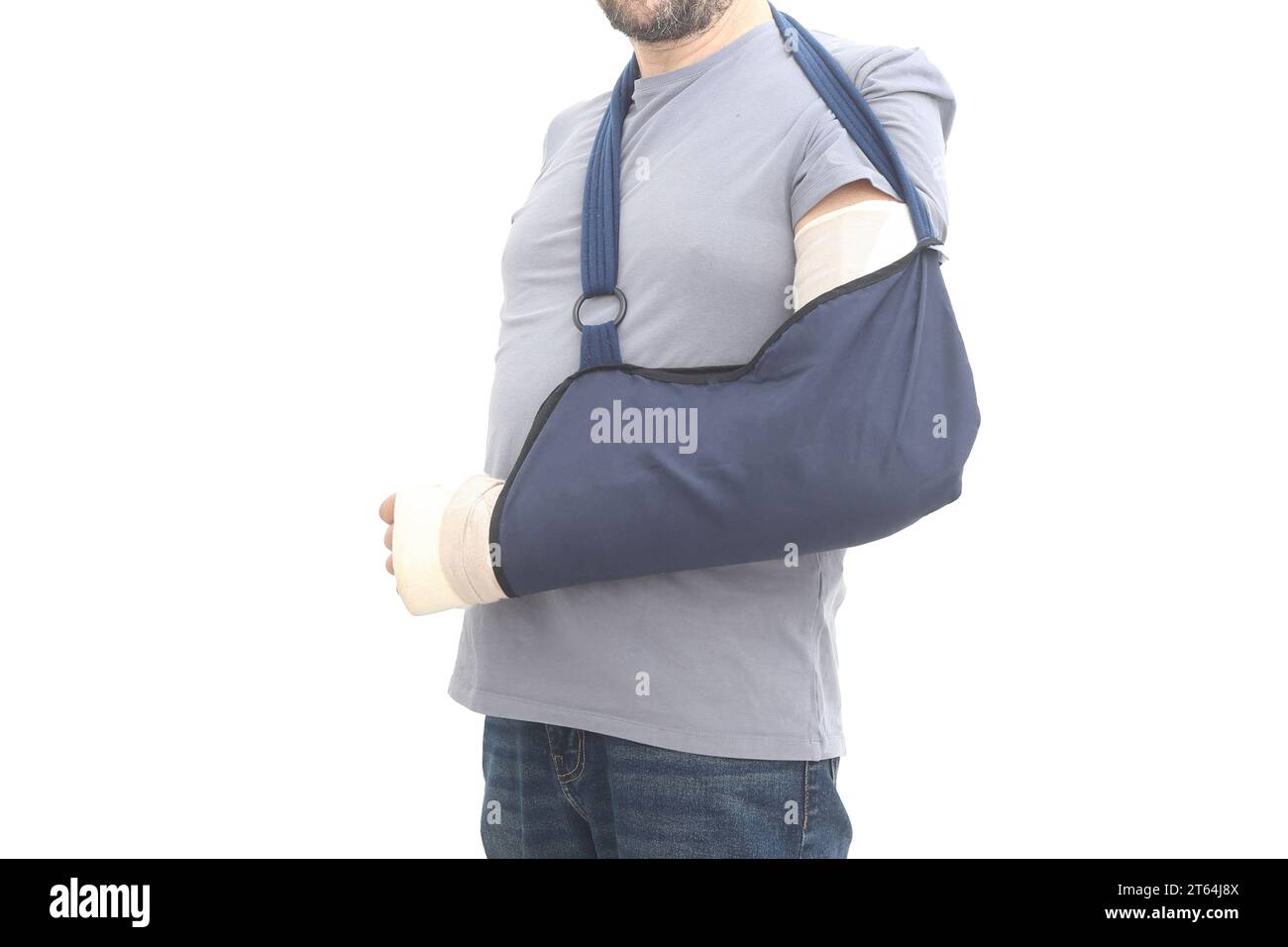 fracture in the arm bandaged and wrapped in a brace Stock Photo