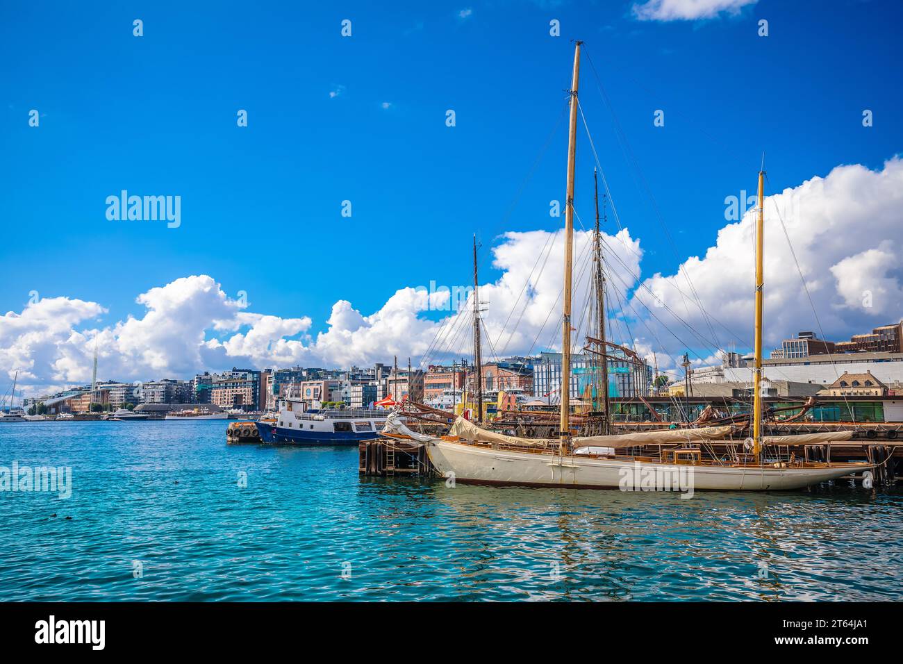 Scenic harbor of Oslo in Aker Brygge view, capital city of Norway Stock Photo