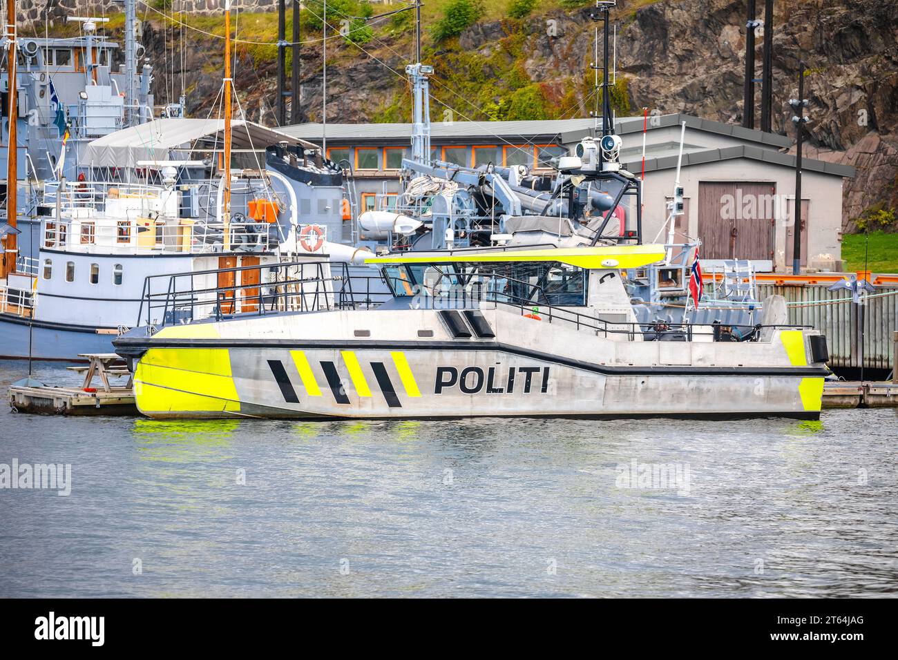 Norway maritime police boat in Oslo harbor view, archipelago of Norway Stock Photo