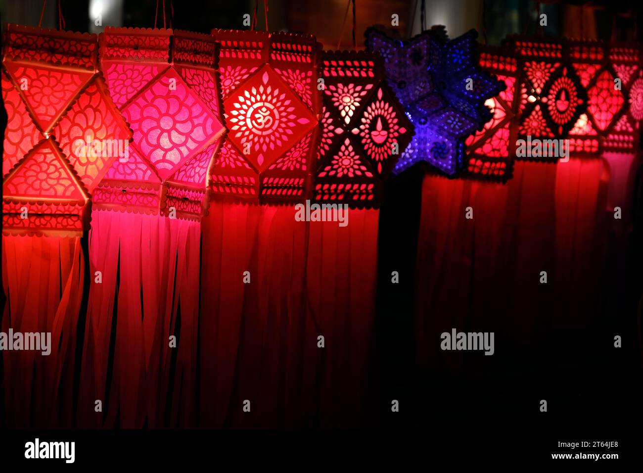 Hanging Diwali Lamp (Kandil) - Diwali Festival Background, Colourful lanterns made by paper eco friendly material akashkandil hang shop sell celebrati Stock Photo