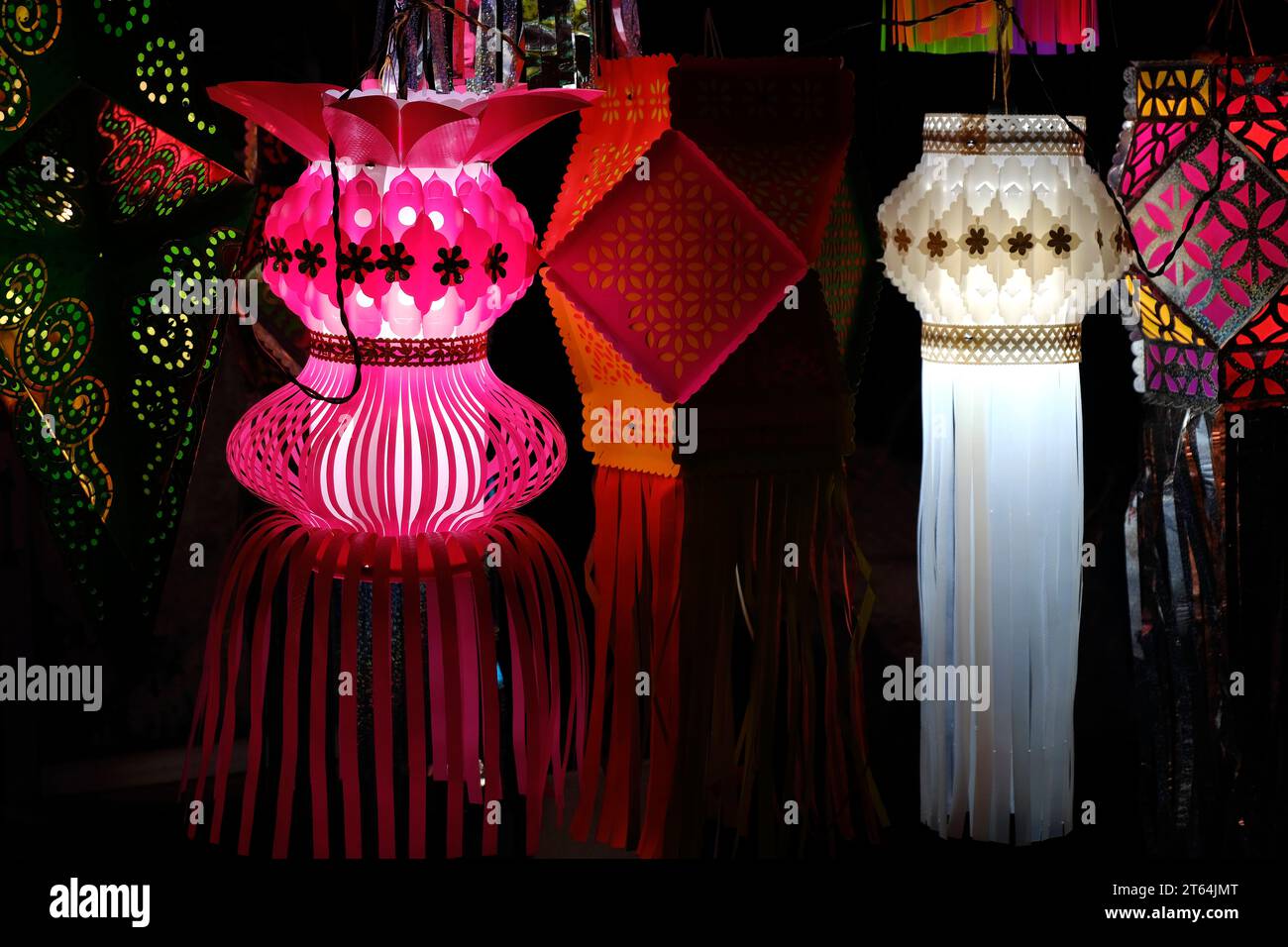 Hanging Diwali Lamp (Kandil) - Diwali Festival Background, Colourful lanterns made by paper eco friendly material akashkandil hang shop sell celebrati Stock Photo