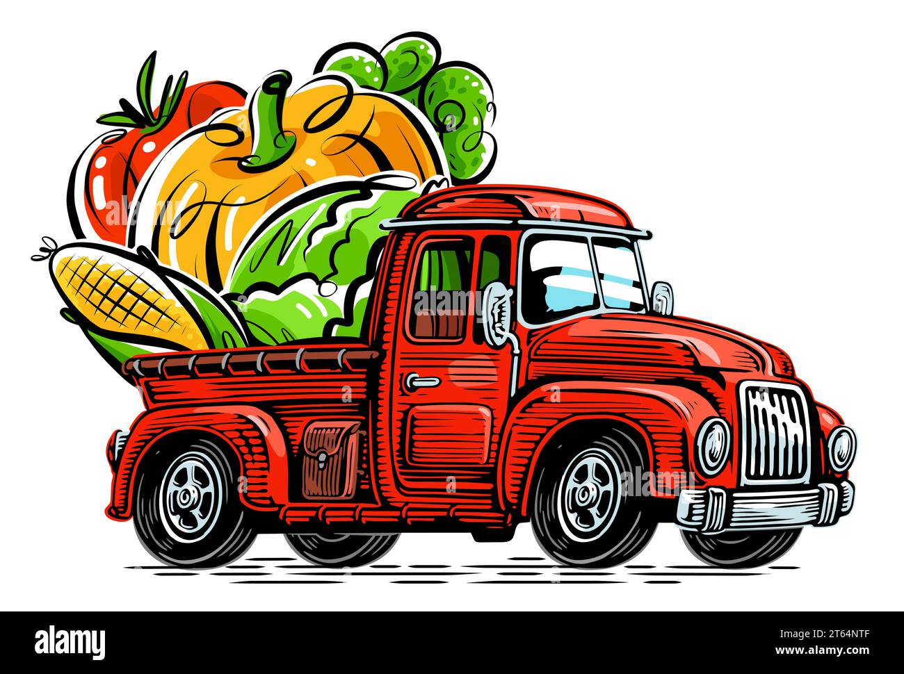 Farmer rides in a truck loaded with organic food. Farm vector illustration Stock Vector