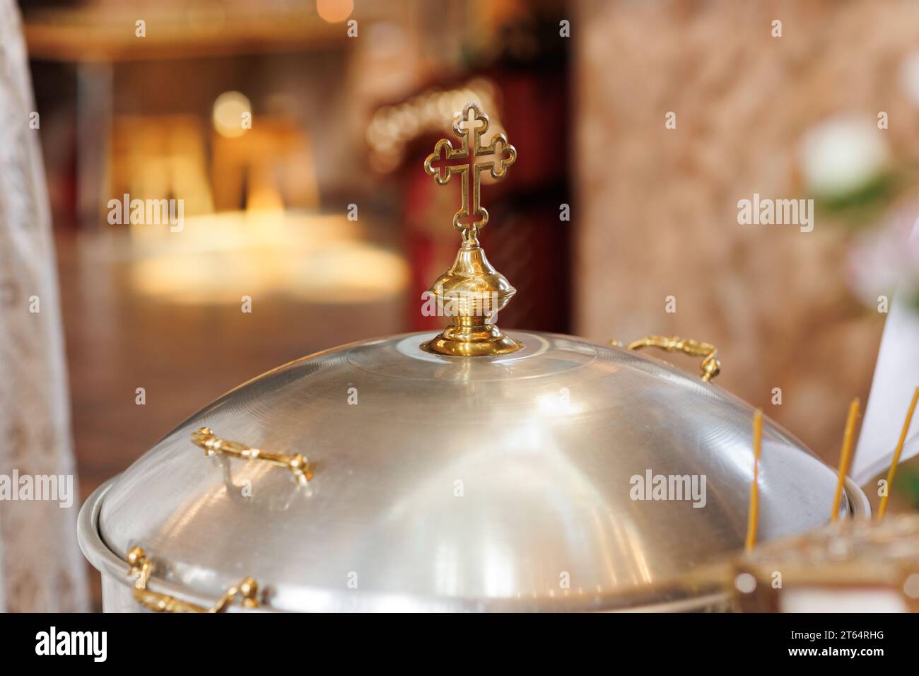 Aluminium church font, large bowl, with golden cross and saint water ...