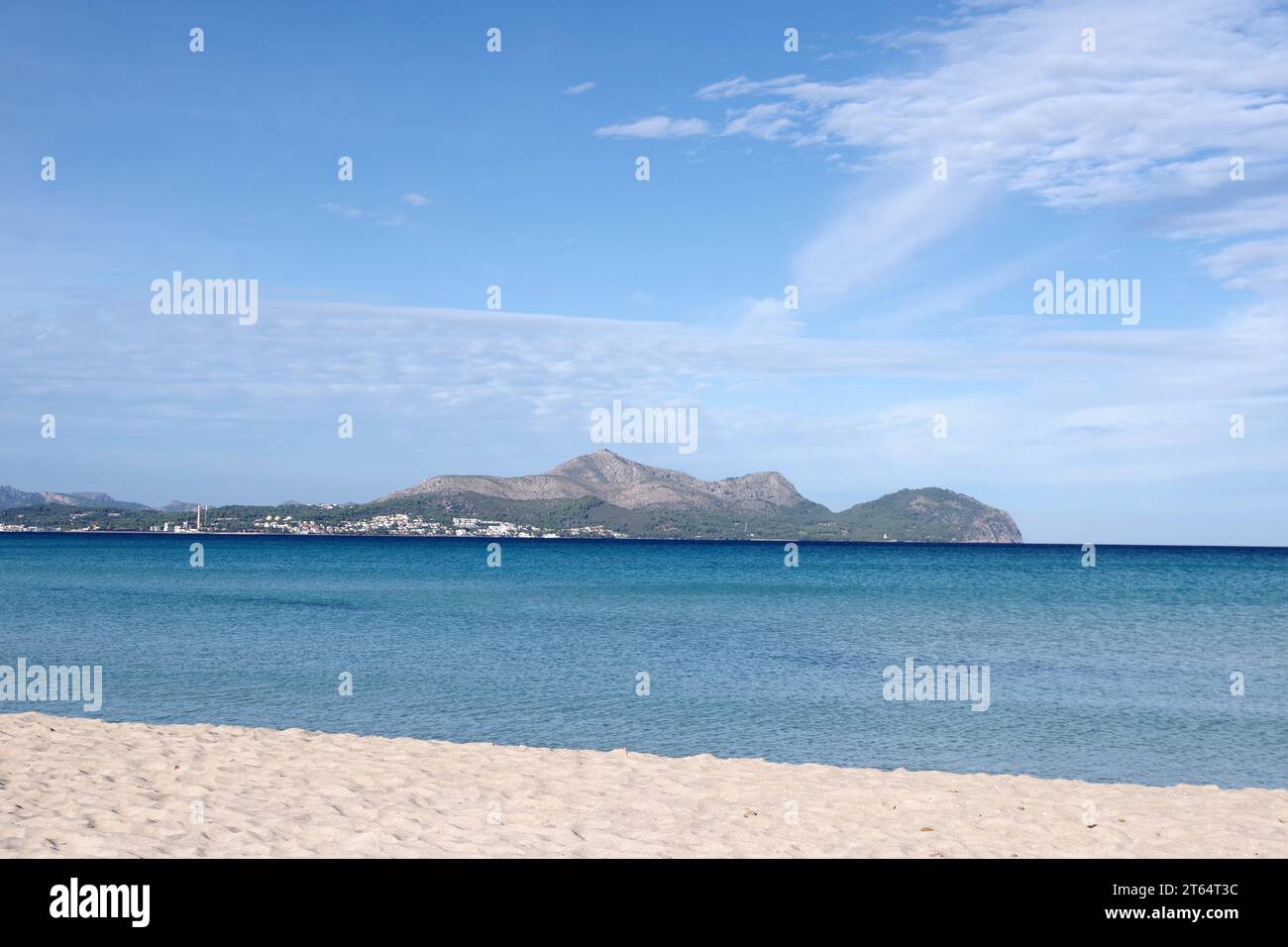 Beach, sea, landscape, blue, deserted, holiday area, Playa de Muro, Majorca, view from the sandy beach to the Mediterranean Sea and the sky with few Stock Photo