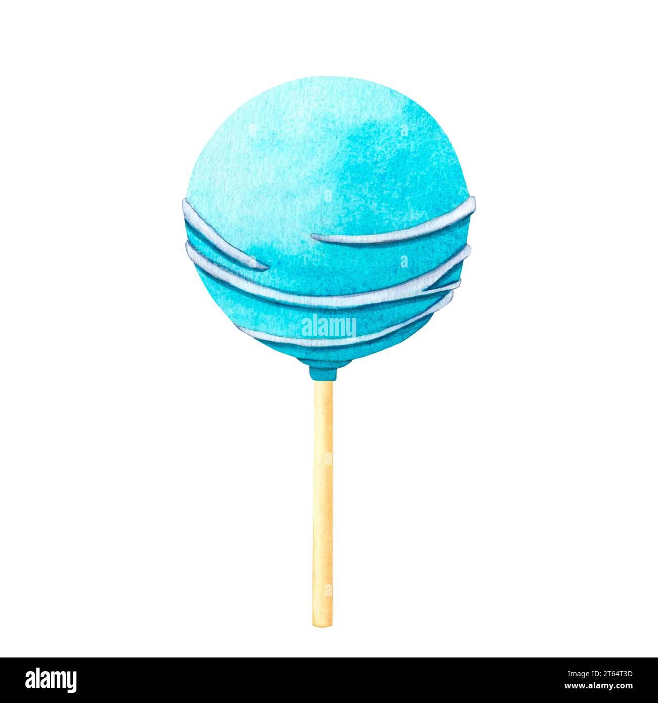 Cake on a stick, cake pops in blue glaze with confectionery striped. Watercolor illustration popsicle ice cream from set of sweets for decoration and Stock Photo