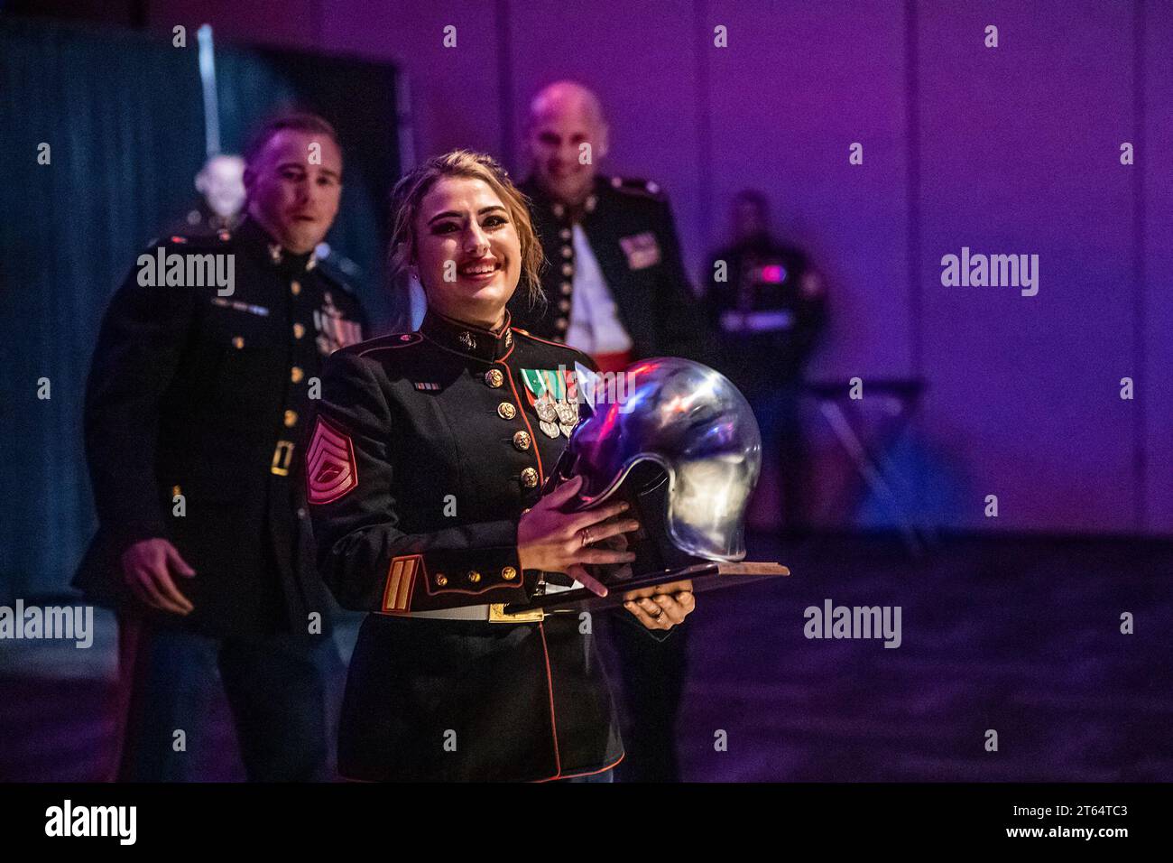 October 28, 2023 - Greenville, North Carolina, USA - Marine Corps Gunnery Sgt. Katy Willis receives the rookie recruiter of the year award during the 248th Marine Corps birthday ceremony in Greenville, N.C., Oct. 28, 2023. (Credit Image: © U.S. Marines/ZUMA Press Wire) EDITORIAL USAGE ONLY! Not for Commercial USAGE! Stock Photo