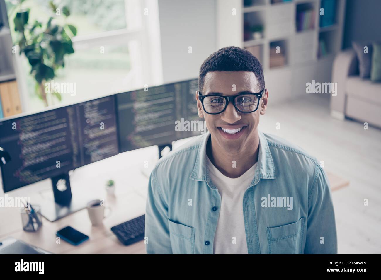 Portrait photo of young funny man successful javascript coder toothy ...
