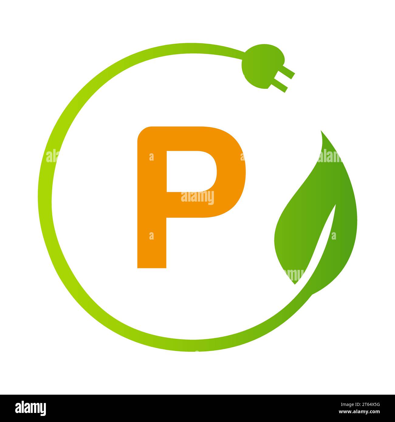 Letter P Green Energy Electrical Plug Logo Template. Electrical Plug Sign Concept with Eco Green Leaf Vector Sign Stock Vector
