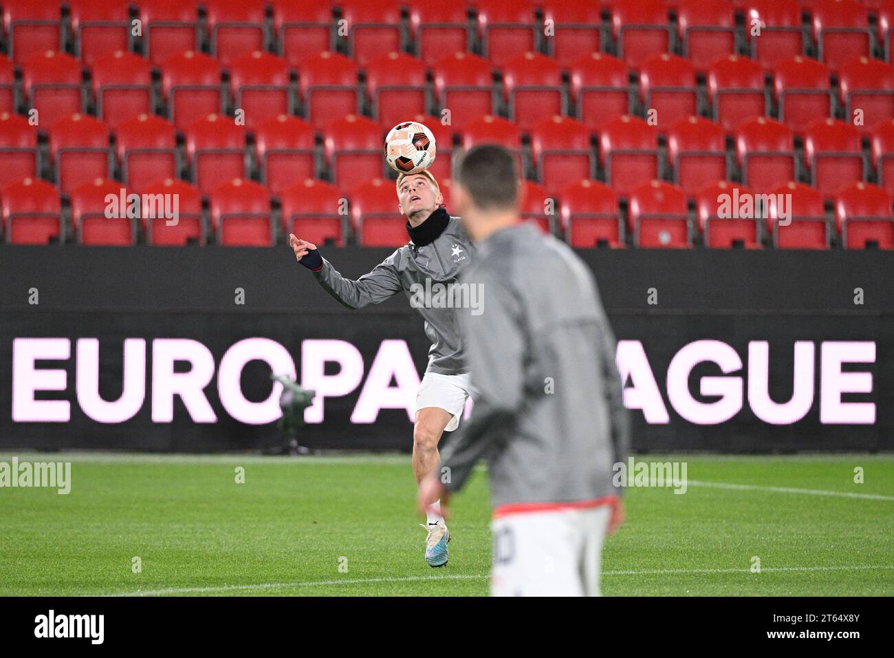 Prague, Czech Republic. 05th Oct, 2023. Soccer players L-R Armel Zohouri of  Tiraspol and Andres Dumitrescu of Slavia Praha in action during the  Football Europe League 2nd round match, group G match