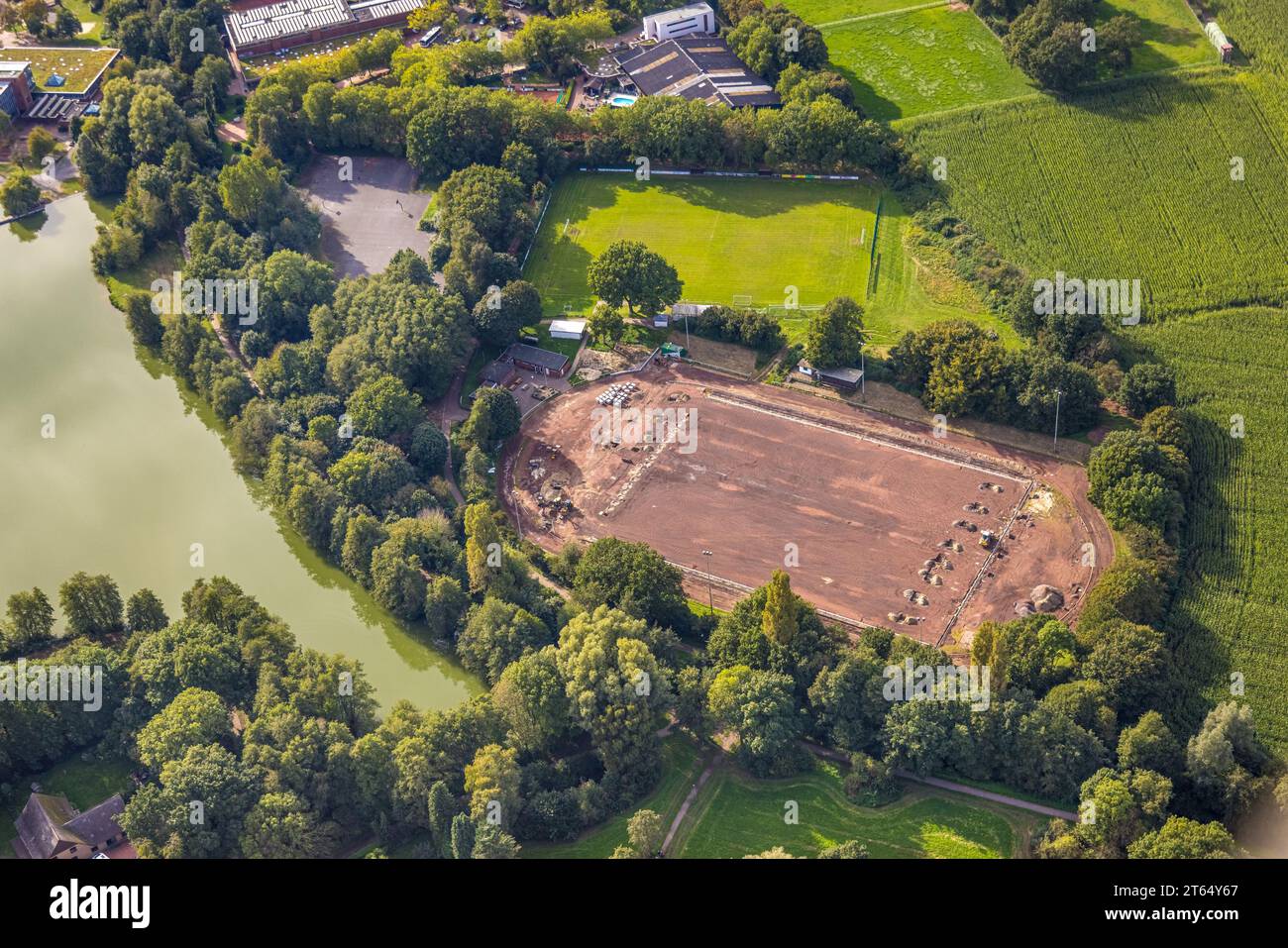 Aerial view, construction site with renovation SuS Grün Weiß Barkenberg sports field at the comprehensive school, Barkenberg, Dorsten, Ruhr area, Nort Stock Photo