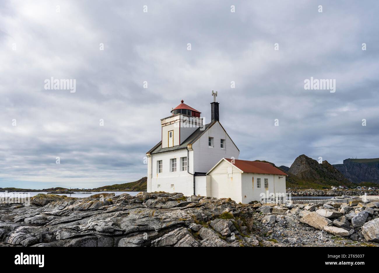 Old lighthouse of Vaeroy, Vaeroy, Lofoten, Norway Stock Photo