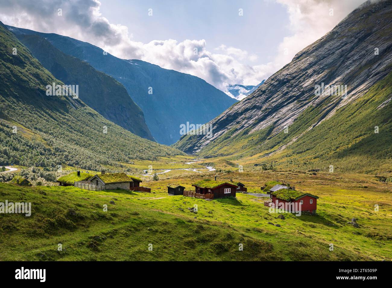 Traditional cabins with grass roofs in the mountain valley, Skjerdingsdalssaetra, Stryn, Norway