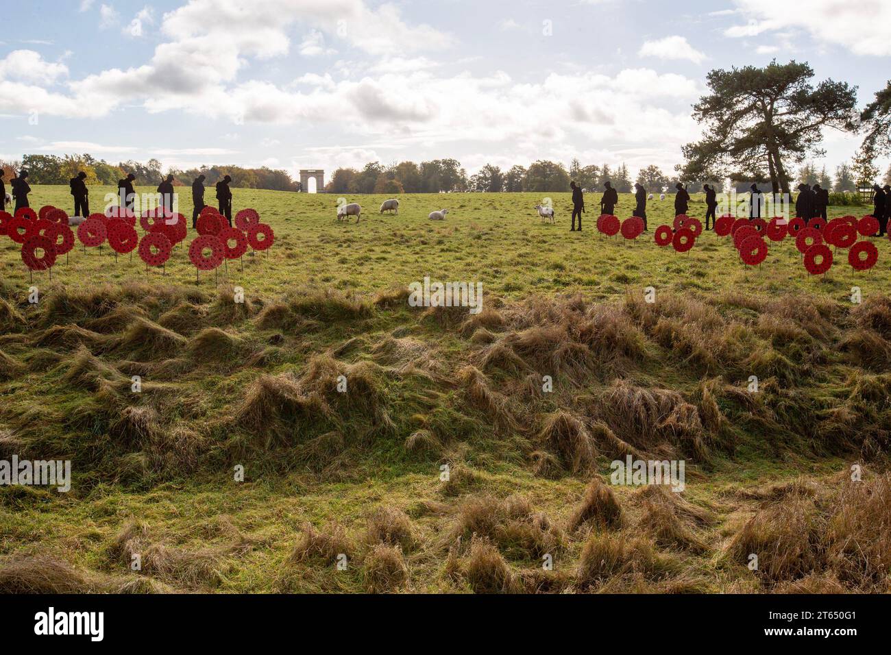 as lambs to the slaughter - soldier silhouettes and poppies handmade by volunteers from recycled materials as part of the STANDING WITH GIANTS Remembr Stock Photo