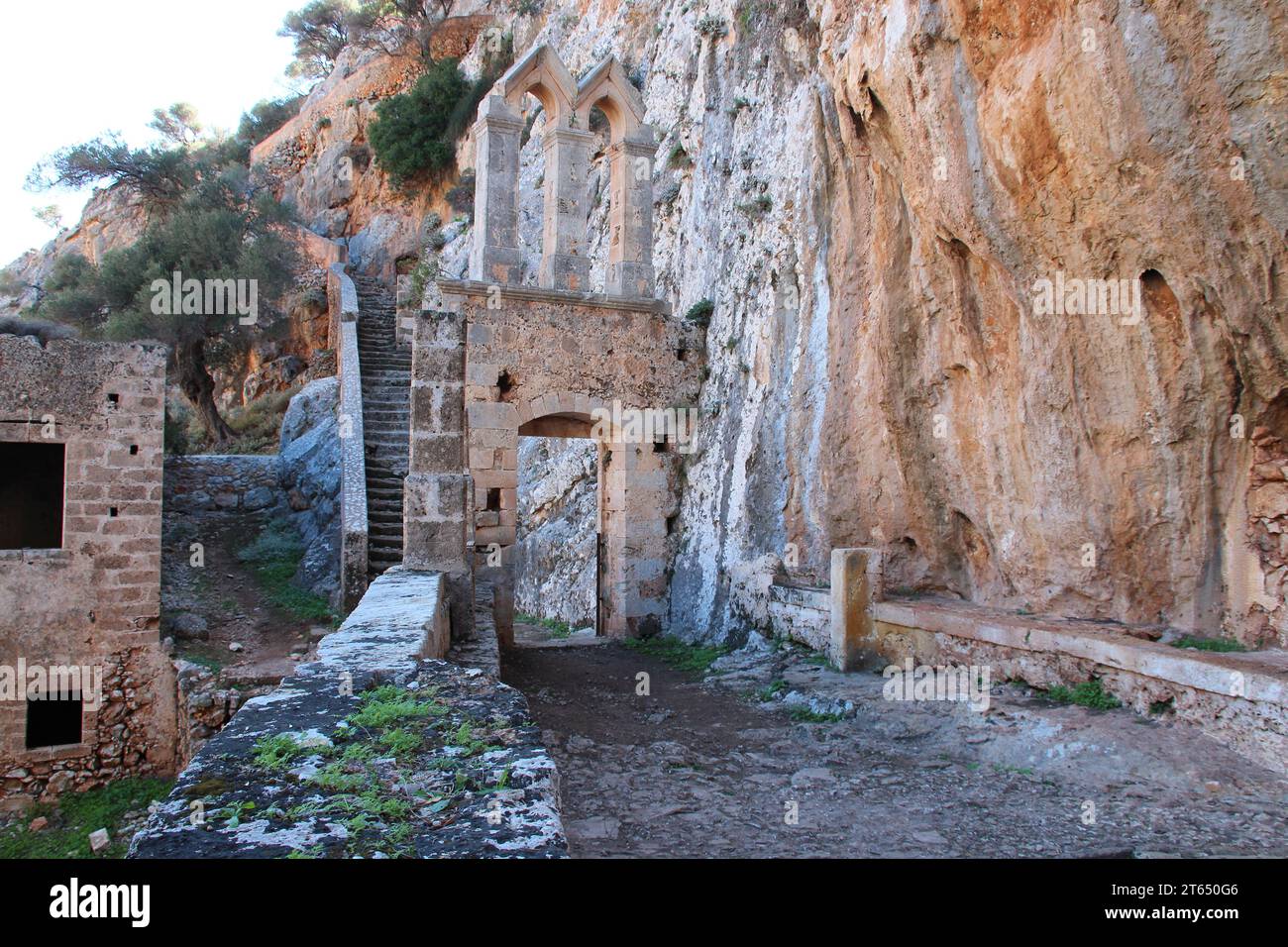 ruined and abandoned orthodox monastery (katholiko) in crete in greece Stock Photo