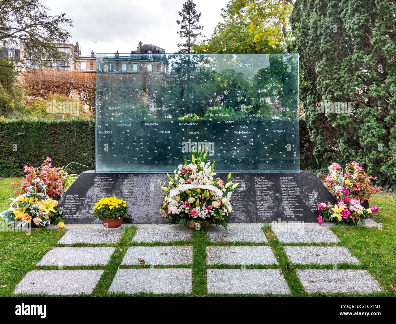 Memorial to the lives lost on Air France flight 447 which crashed into the South Atlantic in 2009 - Père Lachaise cemetery, Paris 20, France. Stock Photo