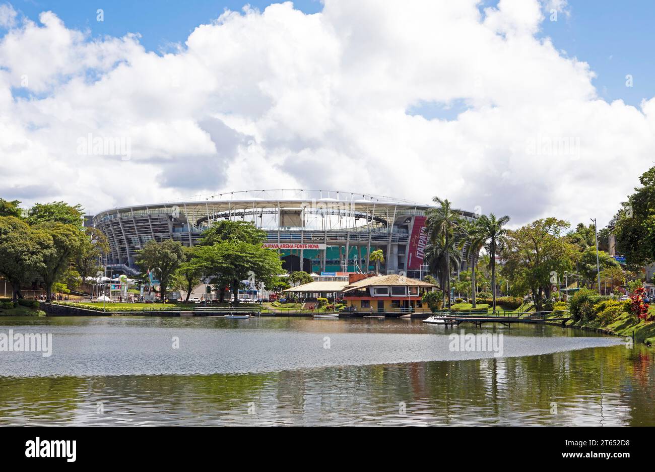 Football stadium Arena Fonte Nova or Complexo Esportivo Cultural Professor Octavio Mangabeira at the natural spring lake Dique do Tororo, Salvador Stock Photo