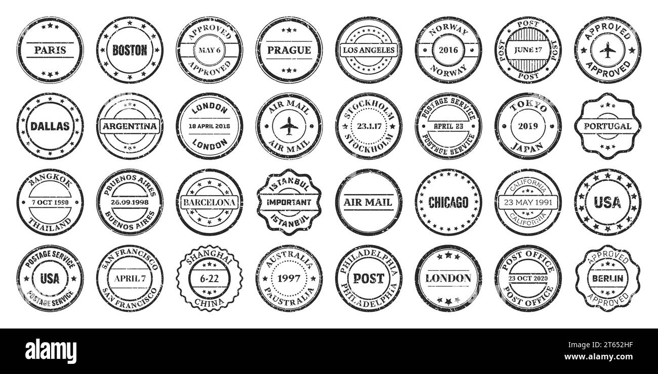 Post stamps, labels and badges. Grunge imprints and postmarks. Vintage