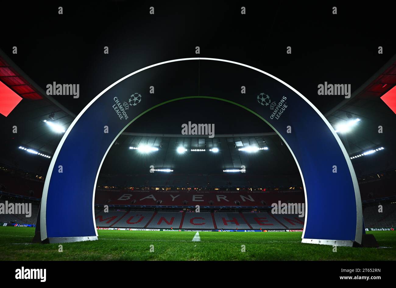 Munich, Germany. 08th Nov, 2023. Soccer: Champions League, Bayern Munich - Galatasaray Istanbul, Group stage, Group A, Matchday 4, Allianz Arena. An arch with the Champions League logo is set up in the stadium. Credit: Tom Weller/dpa/Alamy Live News Stock Photo