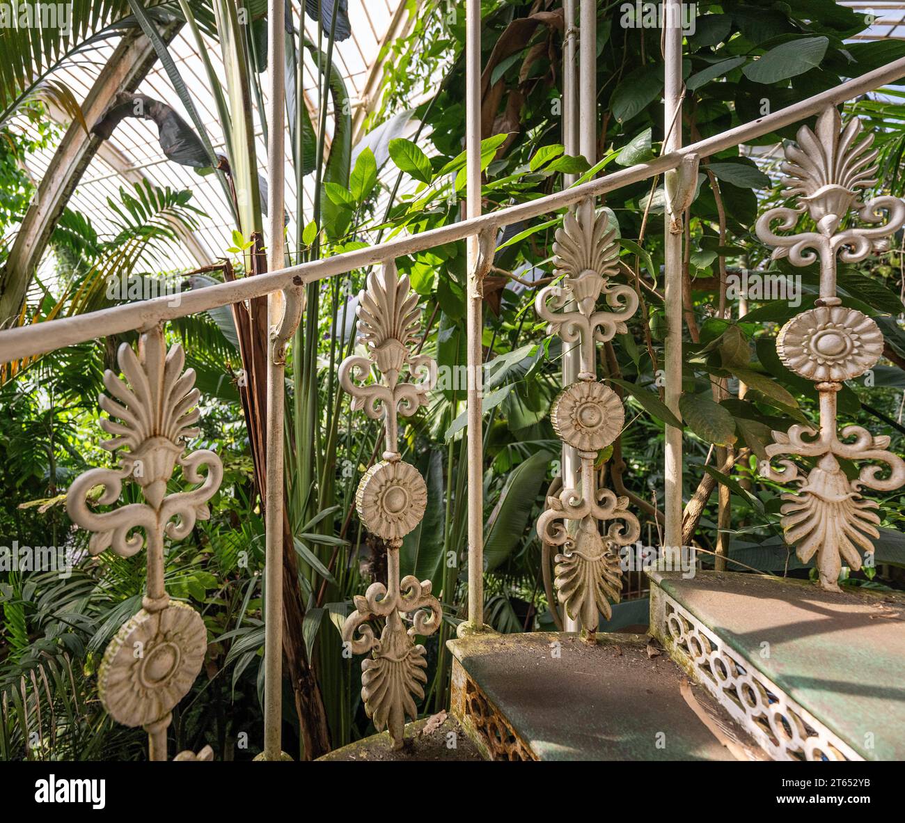 Railings, cast-iron spiral staircase, Palm House, oldest Victorian greenhouse in the world, Royal Botanic Gardens, Kew, London, England, Great Britain Stock Photo