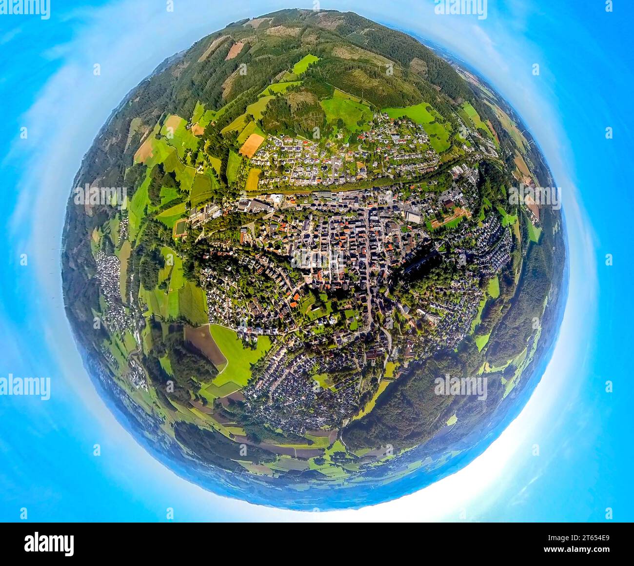Aerial view, Balve town center, earth globe, fisheye image, 360 degree image, tiny world, Balve, Sauerland, North Rhine-Westphalia, Germany, 360 degre Stock Photo