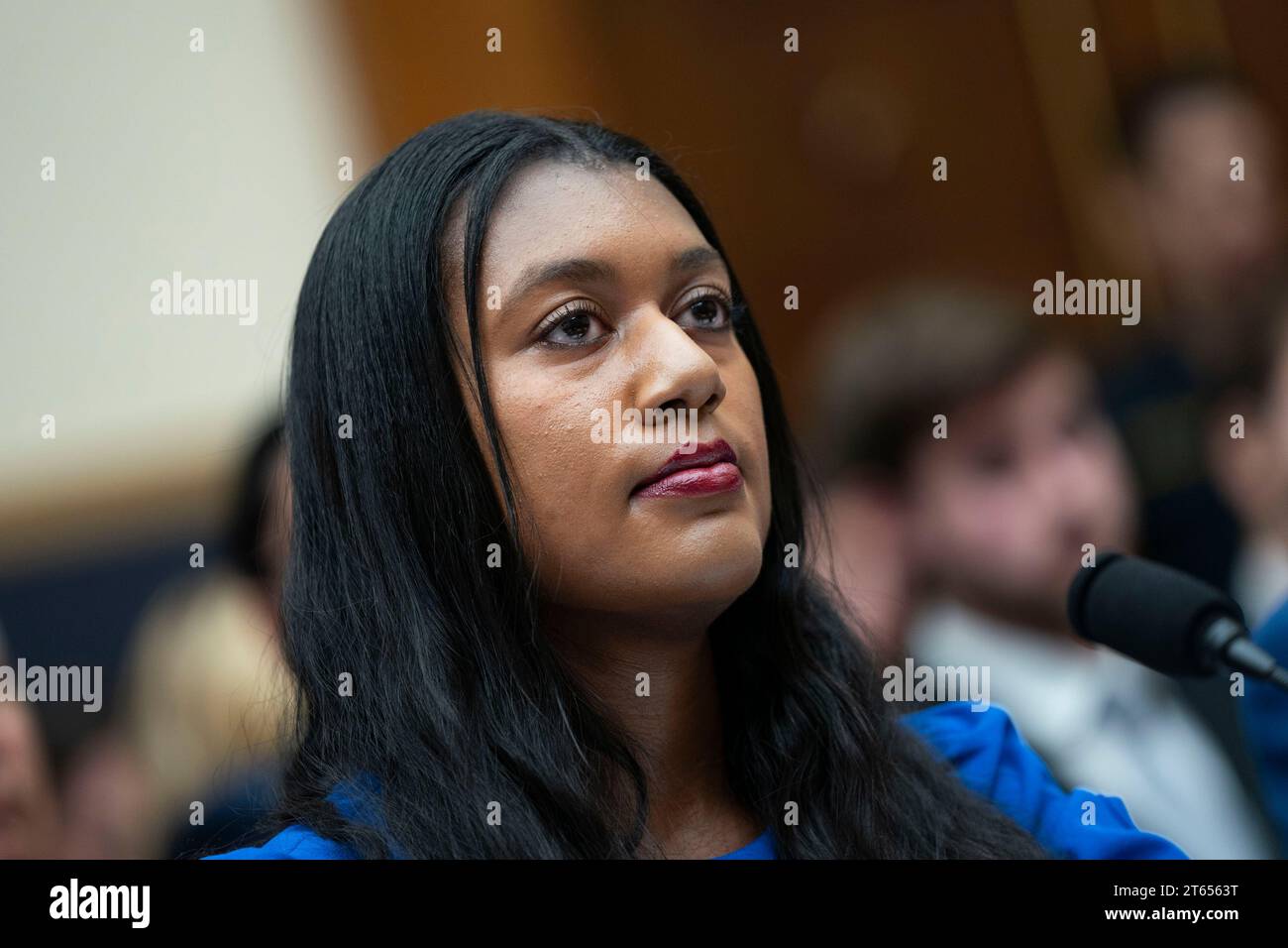 Washington, United States. 08th Nov, 2023. Jasmyn Jordan, a student at the University of Iowa, looks on during a House Judiciary Committee hearing on free speech on college campuses at the U.S. Capitol in Washington, DC on Wednesday, November 8, 2023. Jordan serves as the chairwoman for Iowa Young Americans for Freedom, at conservative group at the University of Iowa. Photo by Bonnie Cash/UPI Credit: UPI/Alamy Live News Stock Photo