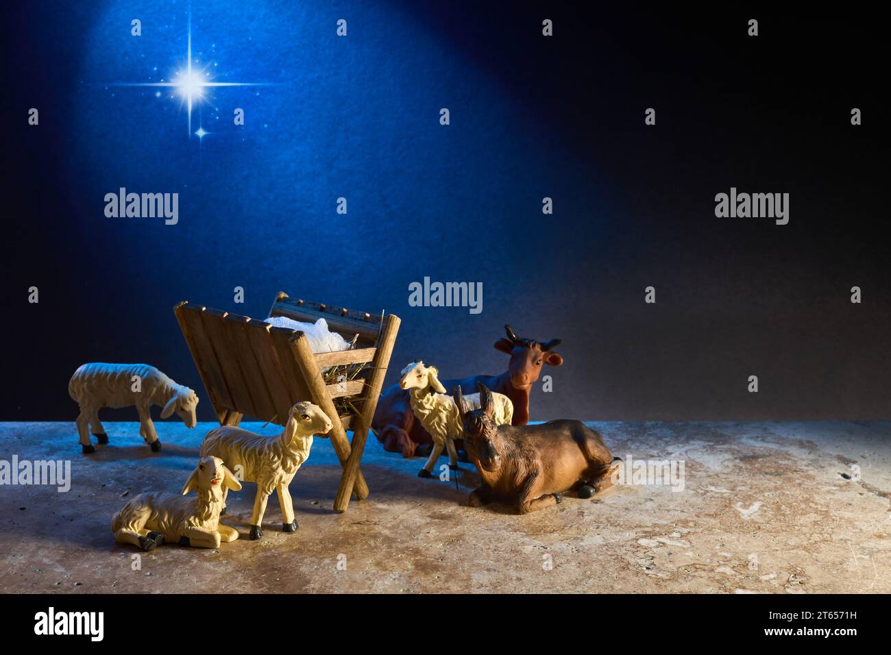 Christmas Nativity Scene of baby Jesus in the manger surrounded by the