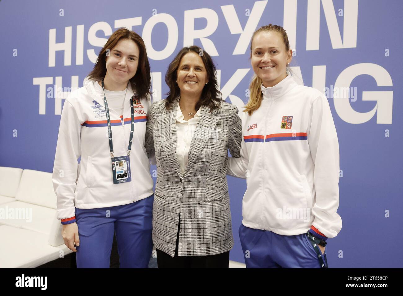(L-R) Linda Noskova of Czech Republic, former Spanish tennis player Conchita Martinez and Marie Bouzkova of Czech Republic attend a training of Czech Stock Photo