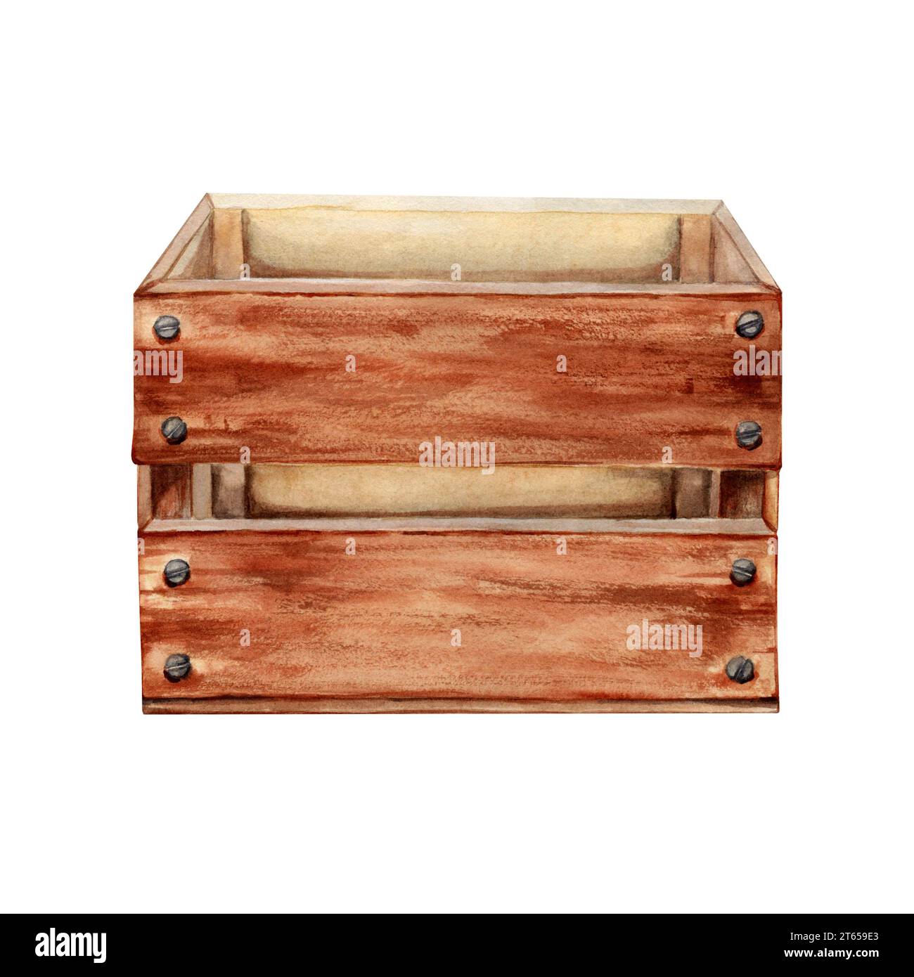 A rustic wooden crate. Box for carrying wine, food, organic produce, fruits, vegetables. Picnic, cheese and wine tasting collection. Hand drawn. Stock Photo