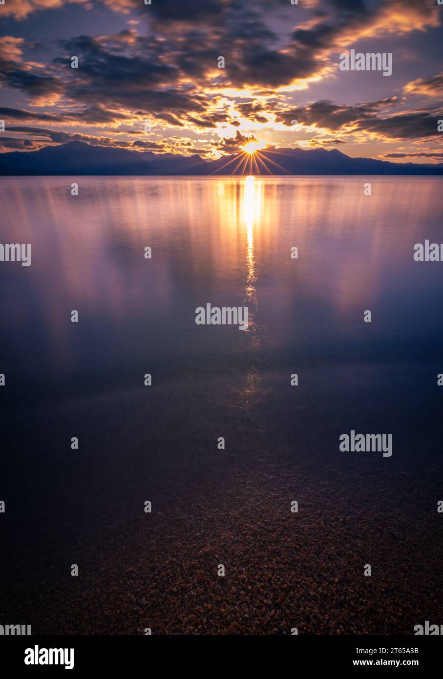 long exposure looking over lake tahoe during sunset Stock Photo