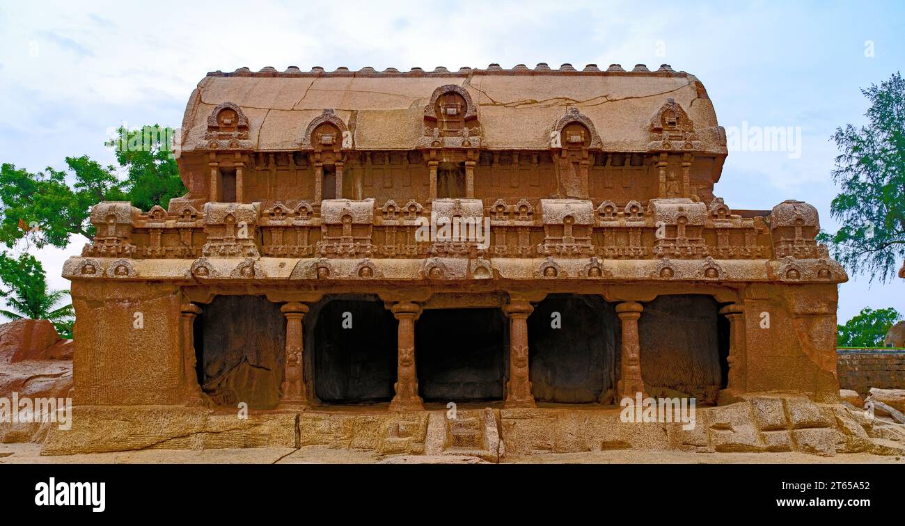 Seventh century Pancha Rathas (Five Chariots) at Mahabalipuram on the Coromandel coast of the Bay of Bengal: An UNESCO World Heritage Site Stock Photo