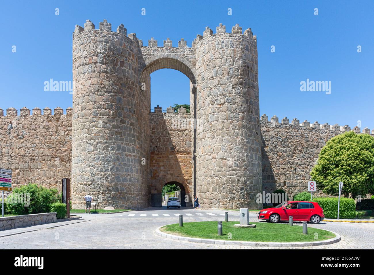 Medieval Puerta de San Vicente and city walls, Calle de López Núñez, Ávila, Castile and León, Kingdom of Spain Stock Photo