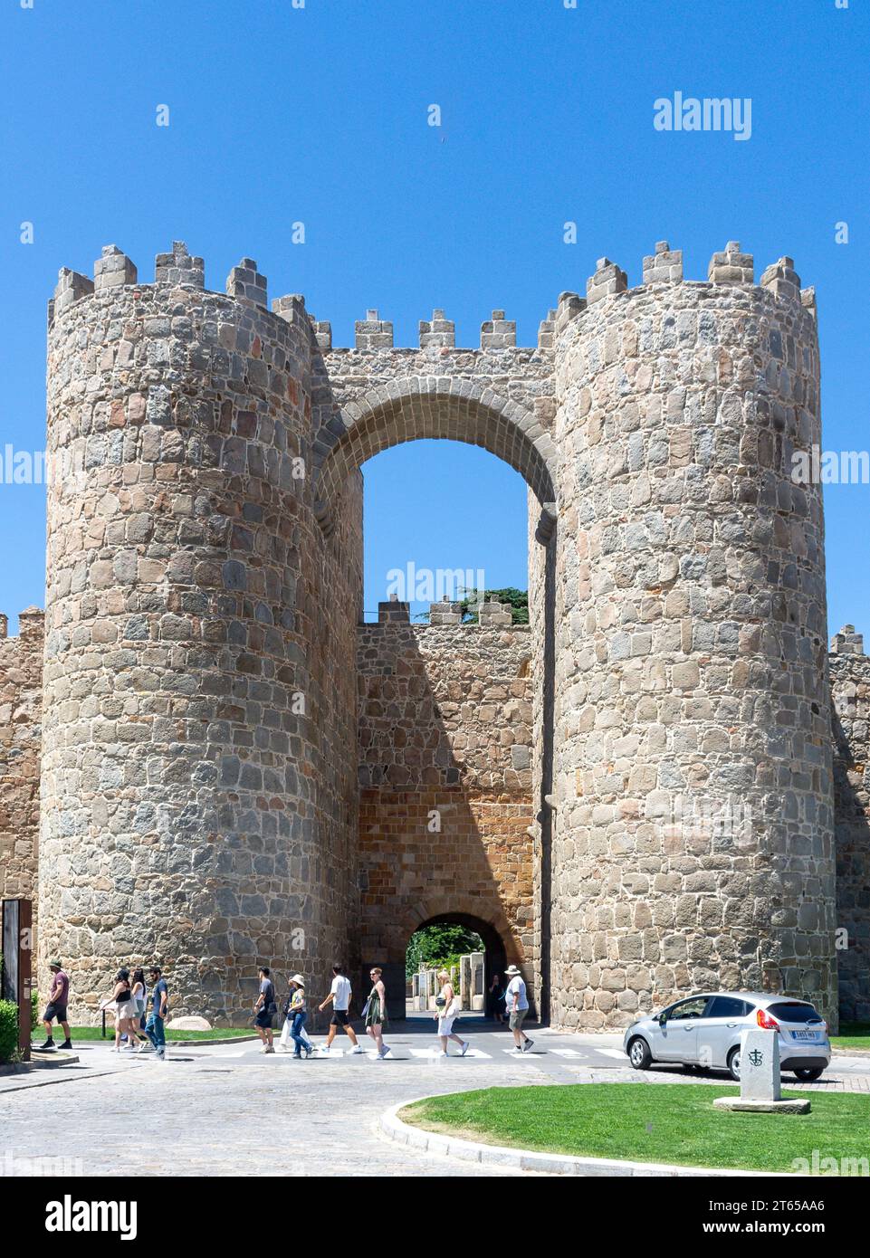 Medieval Puerta de San Vicente and city walls, Calle de López Núñez, Ávila, Castile and León, Kingdom of Spain Stock Photo