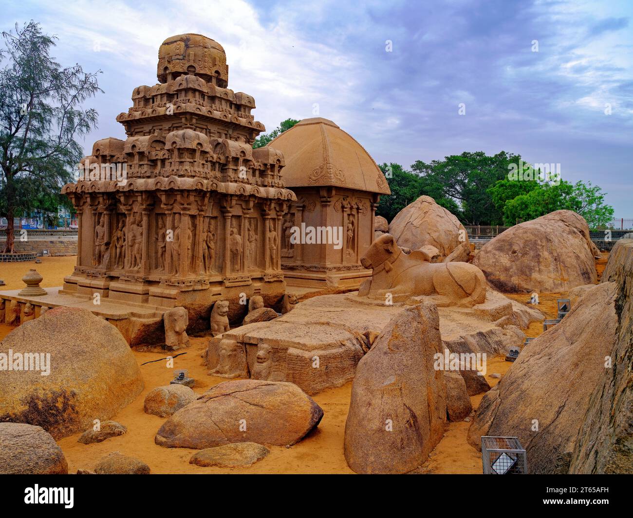 Seventh century Pancha Rathas (Five Chariots) at Mahabalipuram on the Coromandel coast of the Bay of Bengal: An UNESCO World Heritage Site Stock Photo