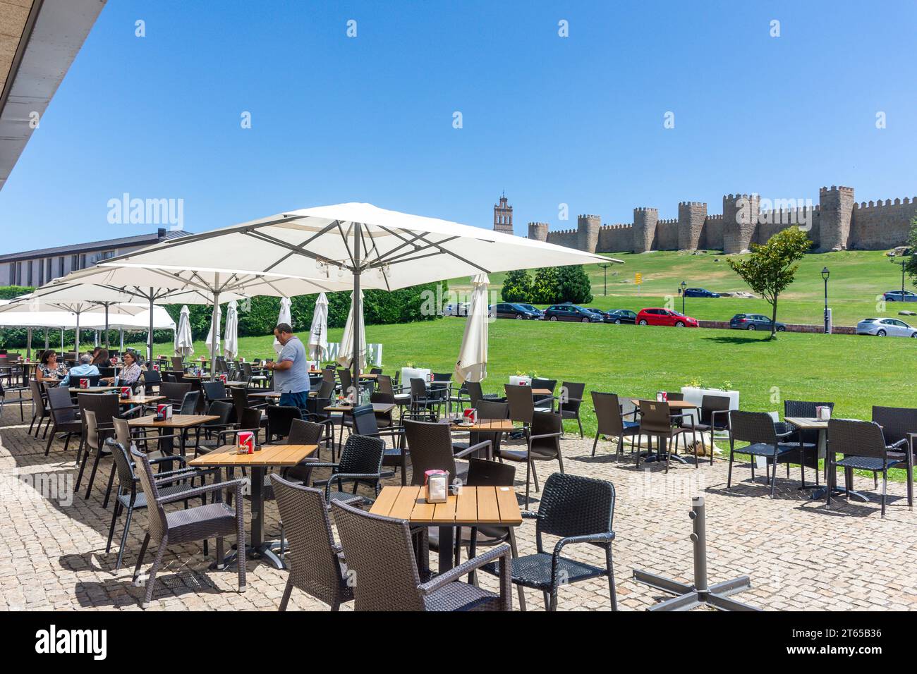 Outdoor dining, Restaurante El Lienzo Norte, Avenue de Madrid, Ávila, Castile and León, Kingdom of Spain Stock Photo