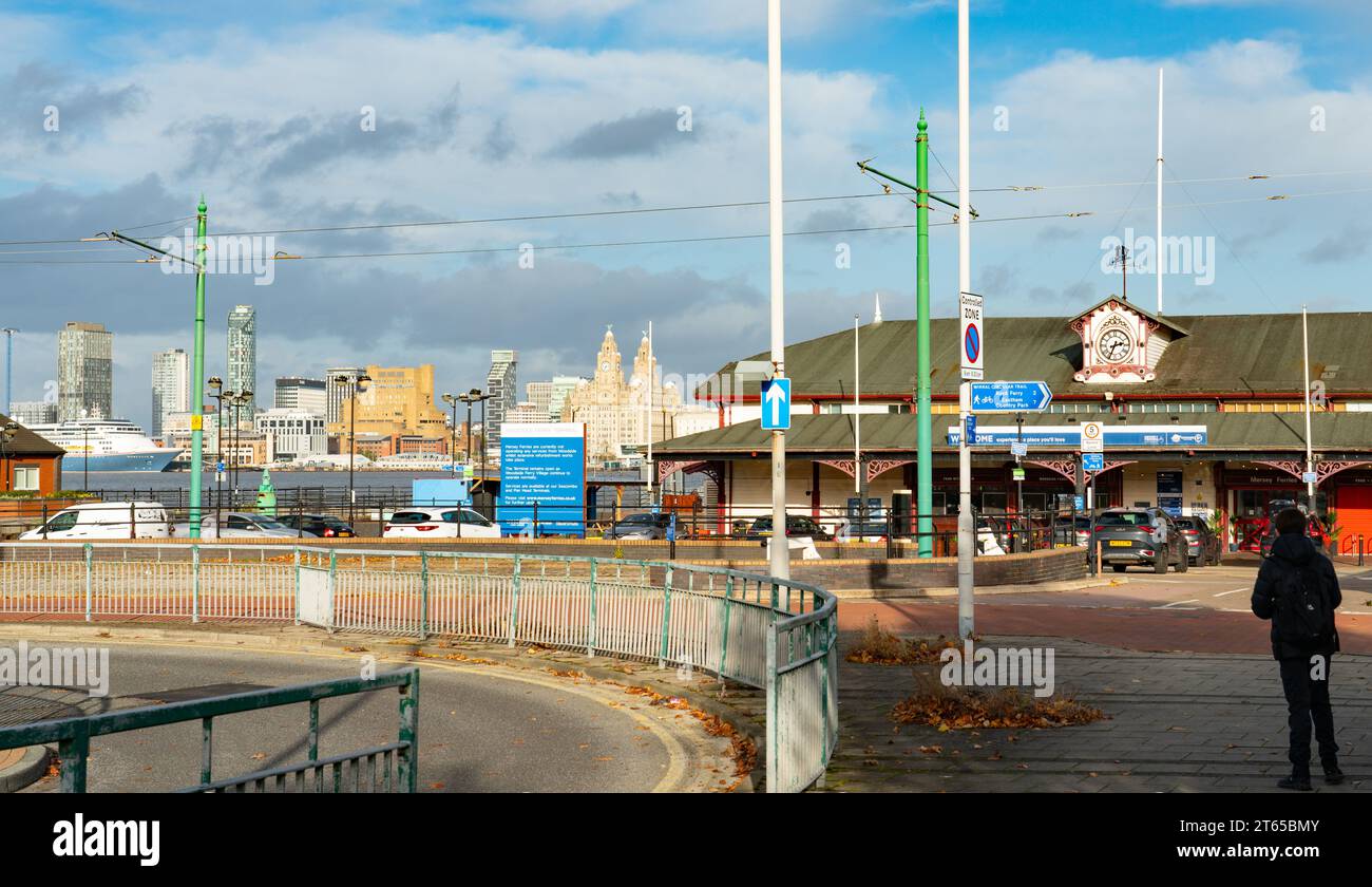 Woodside Ferry Village, on the river Mersey, Birkenhead, Wirral, with the Liverpool skyline in the distance. Image taken in November 2023. Stock Photo