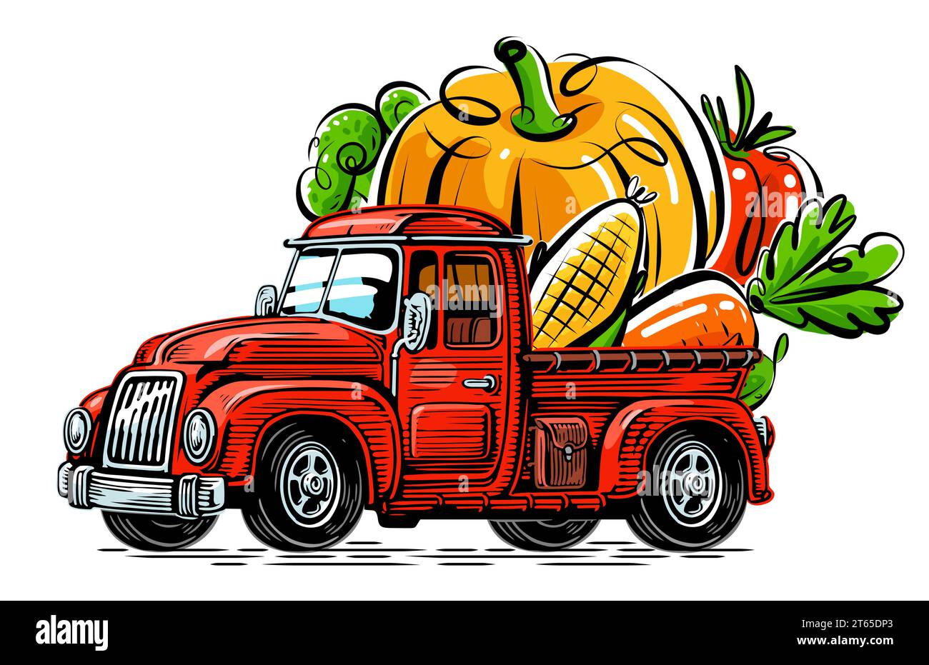 Retro truck loaded with farm food. Farming, organic products vector illustration Stock Vector