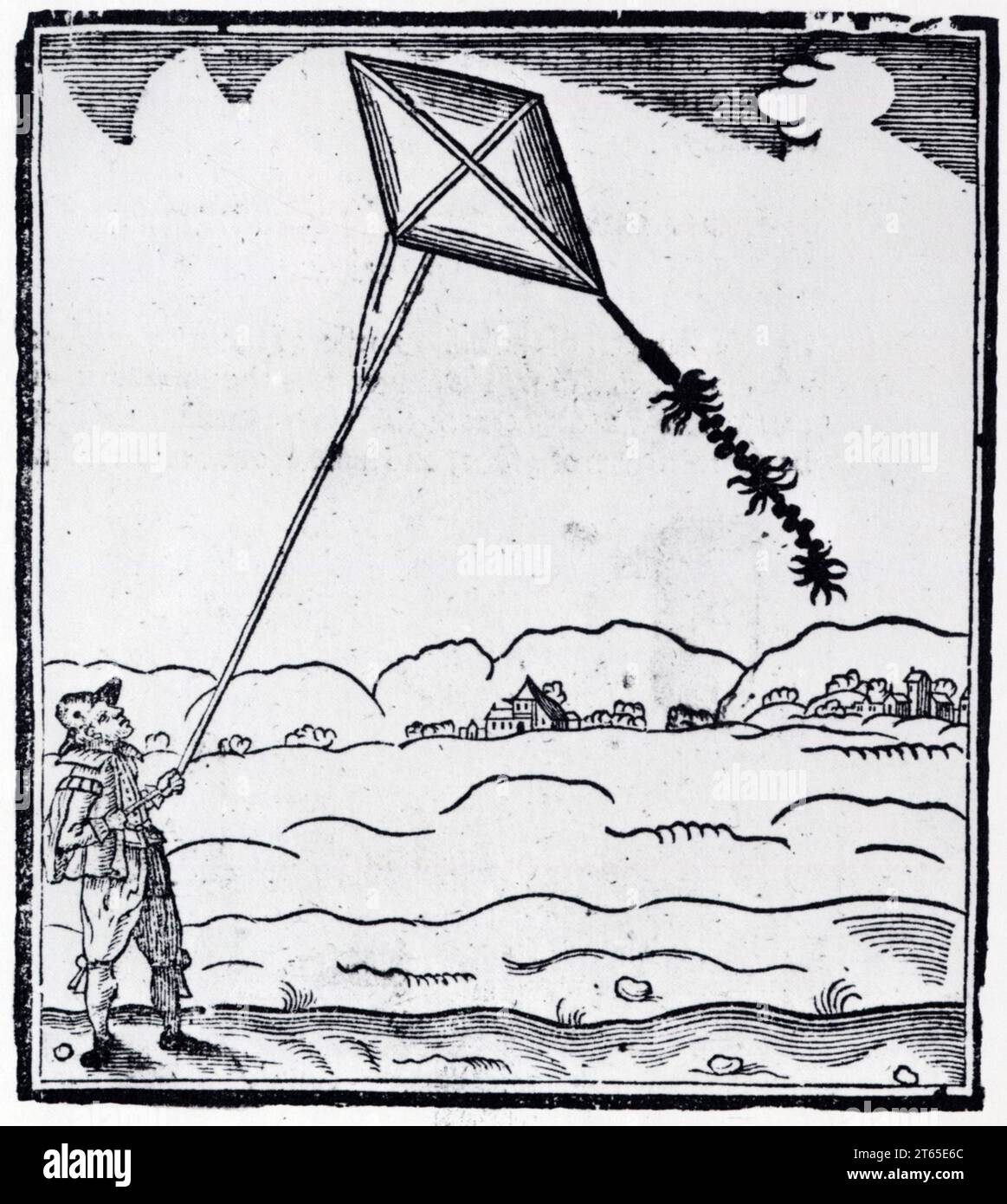 Gravure sur bois.1634.Un cerf-volant en losange porteur de pétards Stock Photo