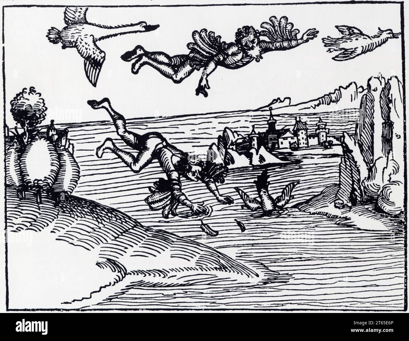 Le vol légendaire de Dédale et d'Icare réalisant le plus vieux rêve de l'homme,selon la mythologie grecque.D'après une gravure sur bois du XV ème sièc Stock Photo