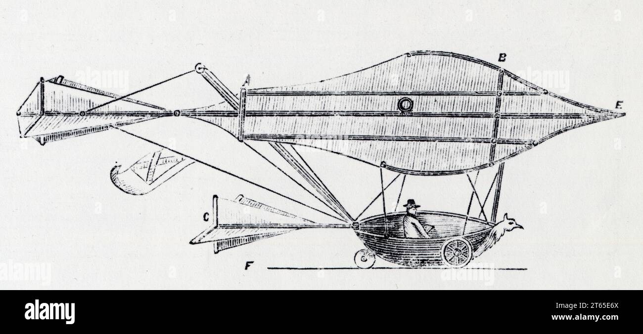 Schémas d'un planeur de cayley avec pilote baptisé parachute dirigeable.1852 Stock Photo